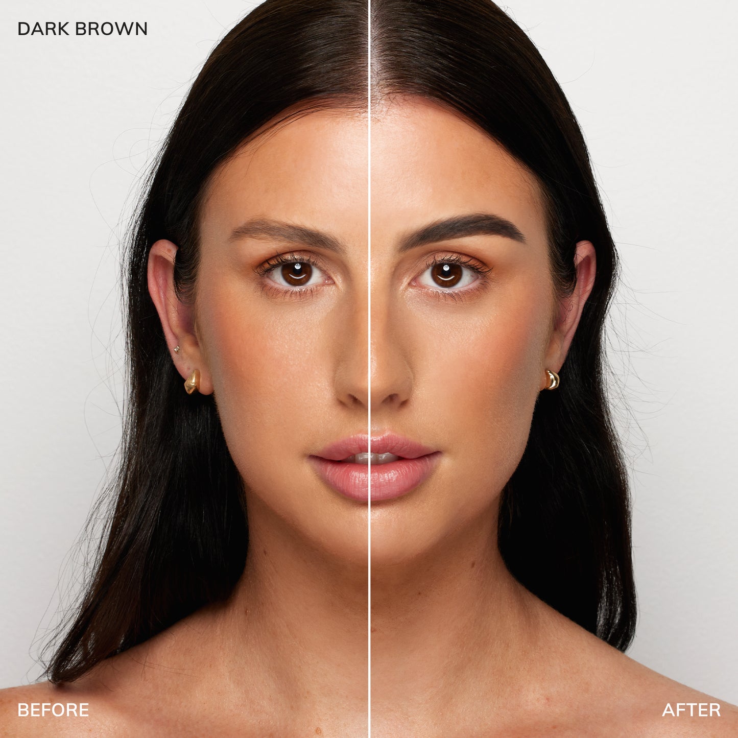 Before and after shot of model wearing color-dark-brown