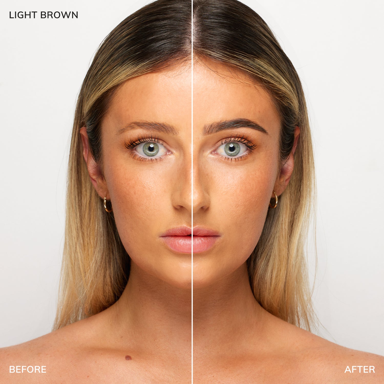 Before and after shot of model wearing color-light-brown