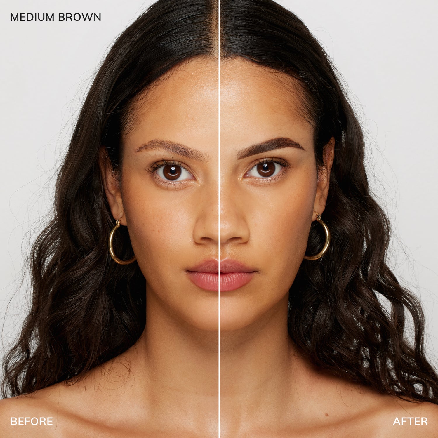 Before and after shot of model wearing color-medium-brown